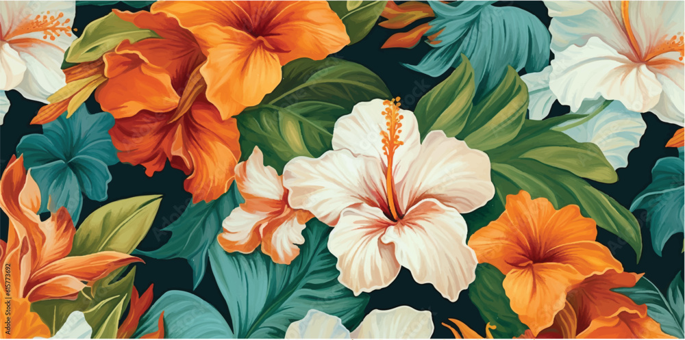 Abstract illustration seamless colorful tropical flowers pattern	