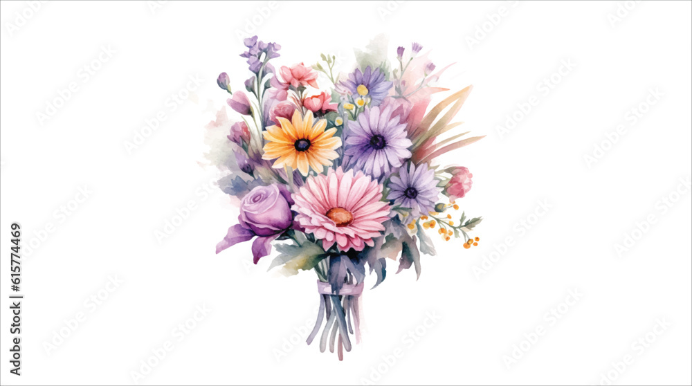 Watercolor floral bouquet illustration on white background 