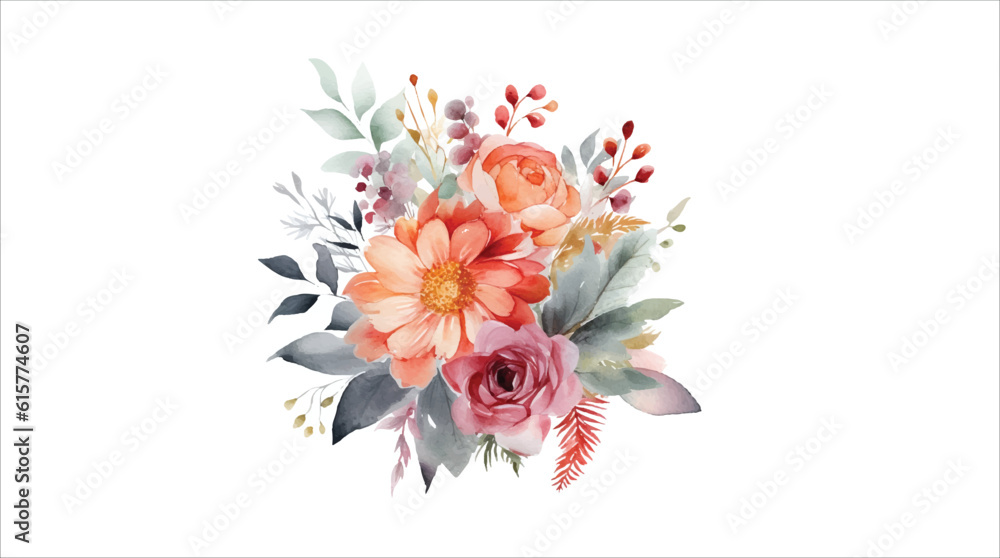 Watercolor floral bouquet illustration on white background 