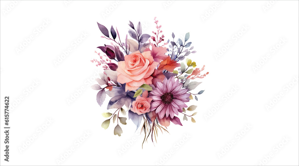 Watercolor floral bouquet illustration on white background 