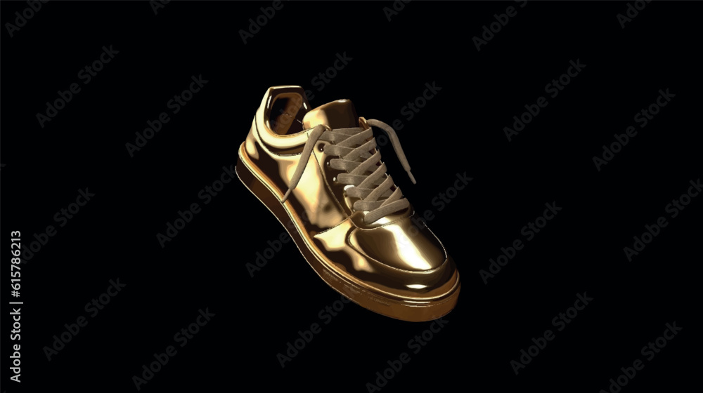 Golden 3d model of sneakers shoe isolated on black background 