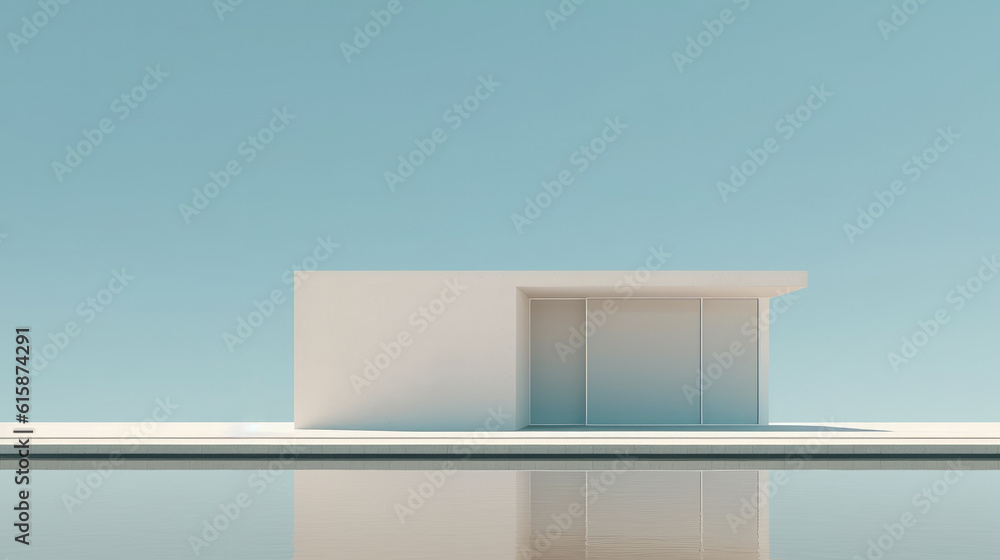 Modern house or showroom, Concrete floor room and swimming pool with empty wall background.