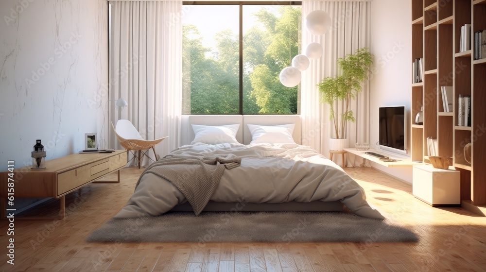 Bedroom with a modern minimalist design, king-size bed, warm lighting.