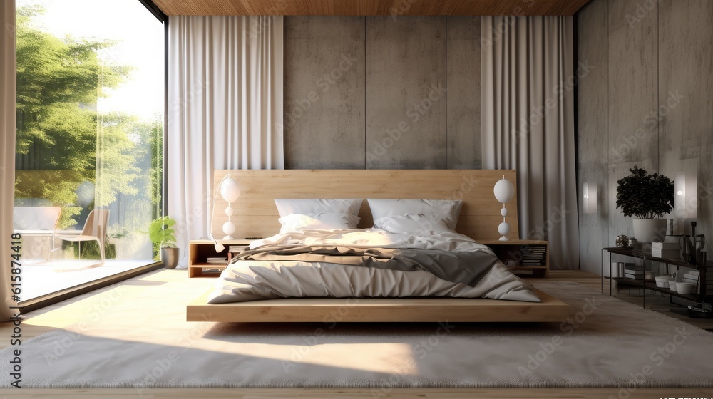 Interior of stylish room with big bed and mirror, Bed in the bedroom in a Scandinavian minimalist st