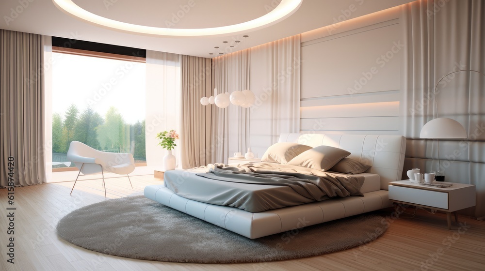 Bedroom with a modern minimalist design, king-size bed, warm lighting.