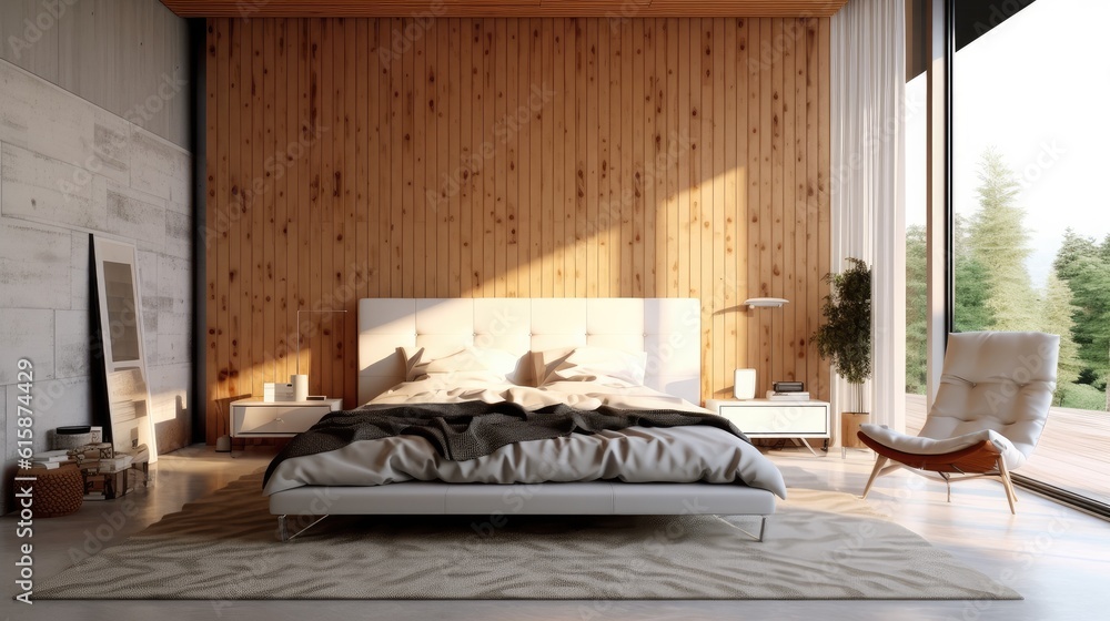 Interior of stylish room with big bed and mirror, Bed in the bedroom in a Scandinavian minimalist st