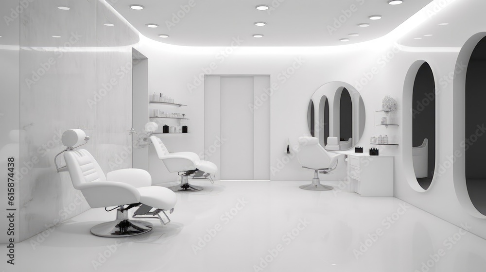 Modern interior of the beauty salon which consist of nail salon and barbershop.