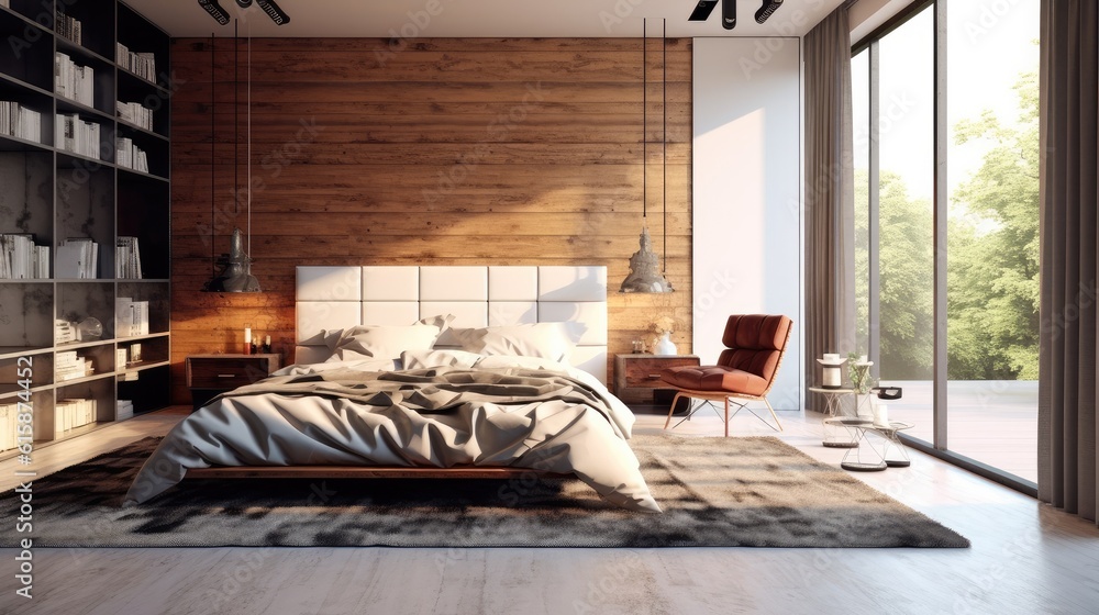 Interior of stylish room with big bed and mirror, Bed in the bedroom in a Scandinavian minimalist st