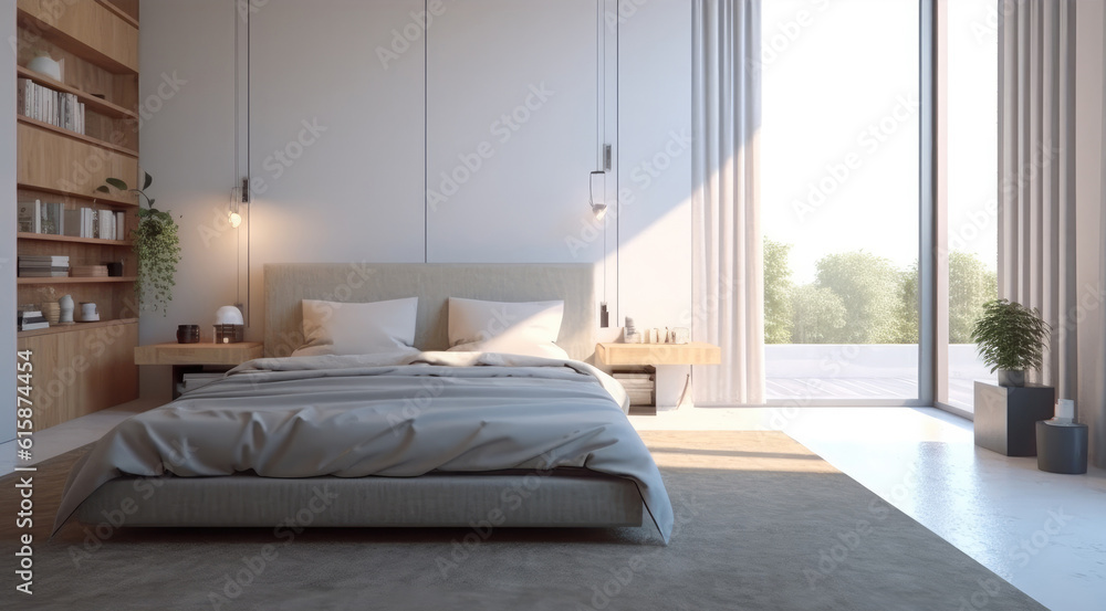 Bedroom with a modern minimalist design, king-size bed, warm lighting.