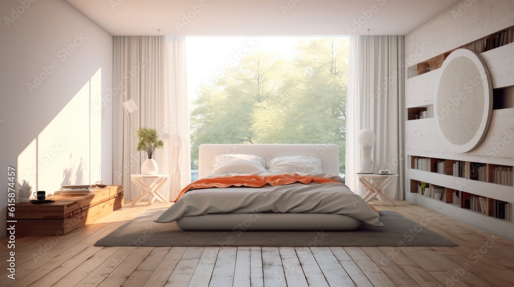 Bedroom with a modern minimalist design, king-size bed, warm lighting.