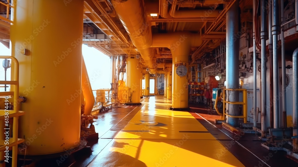 Interior oil platform, Prominent features include a large oil pipeline and gas infrastructure.