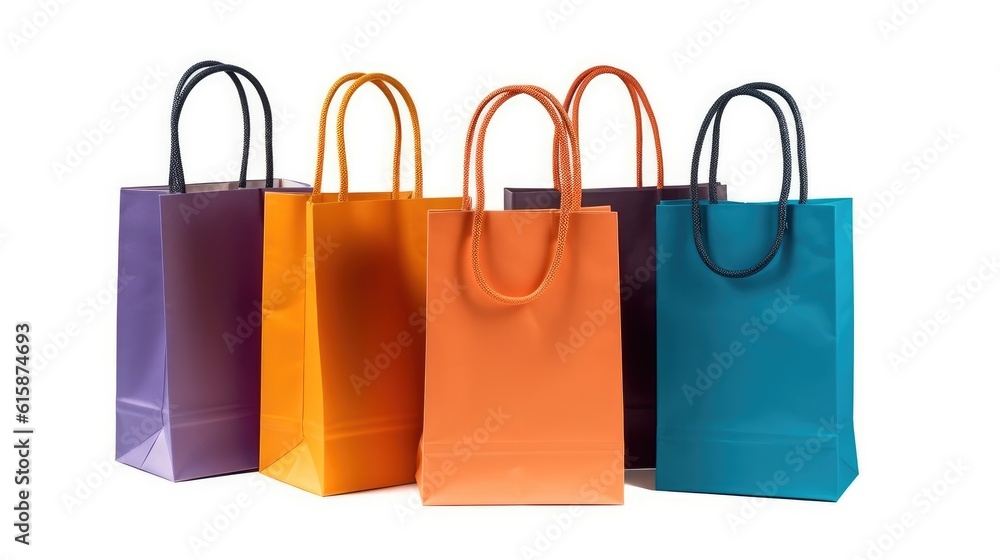 Various shopping bags, Set of colorful empty shopping bags isolated on white background.