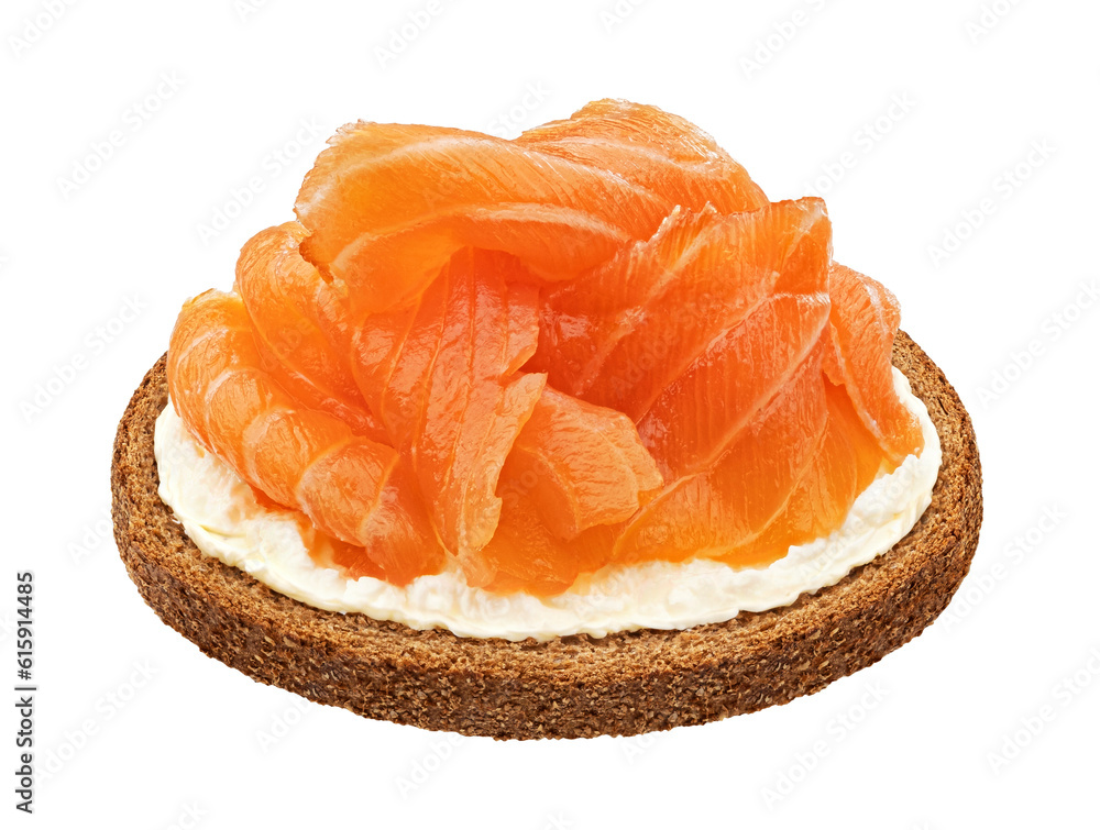 Smoked salmon on rye bread slice isolated on white background