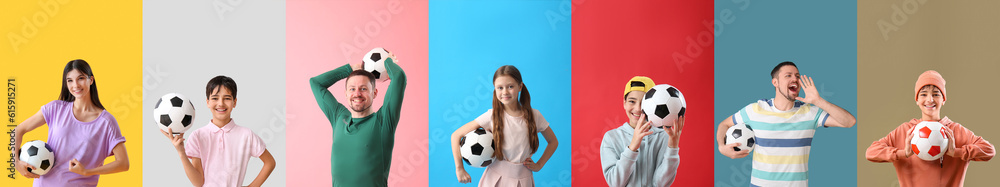 Set of people with soccer balls on color background