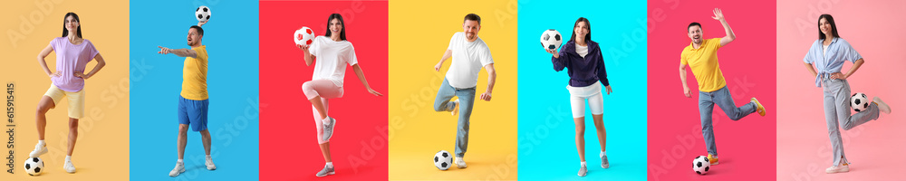 Set of different people with soccer balls on color background