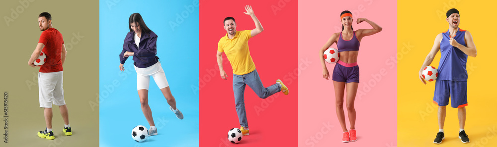 Set of people with soccer balls on color background