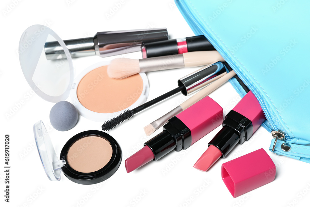 Bag with decorative cosmetics and makeup brushes isolated on white background, closeup