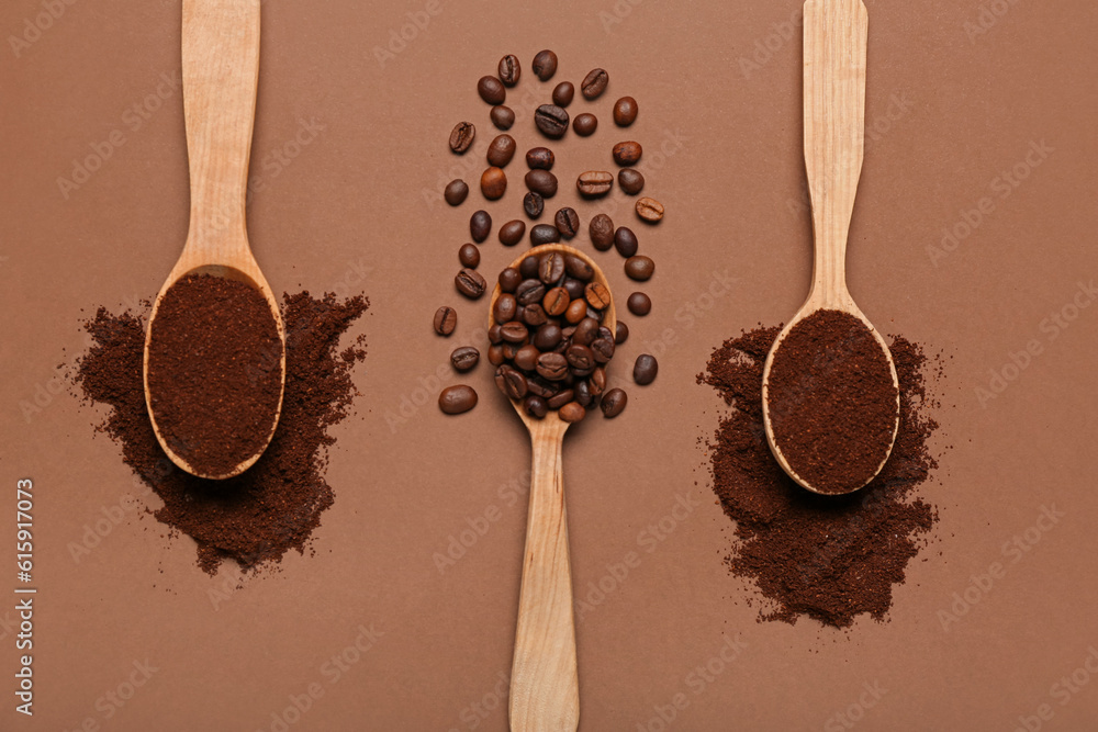 Spoons of coffee powder and beans on brown background