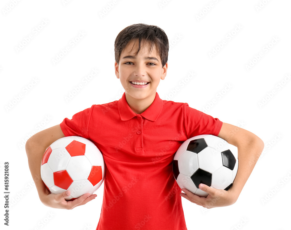 Little boy with soccer balls on white background