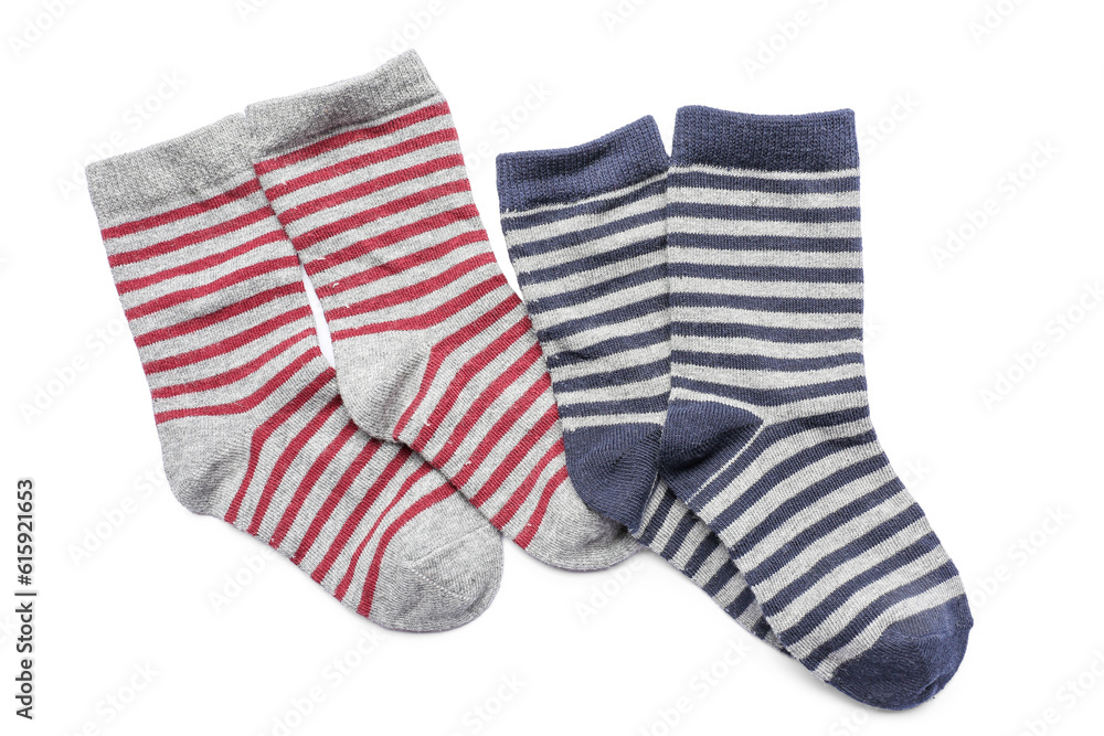 Pairs of striped socks isolated on white background