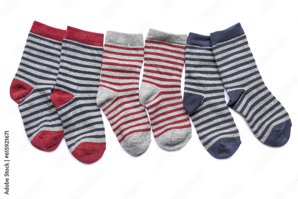 Set of striped socks on white background