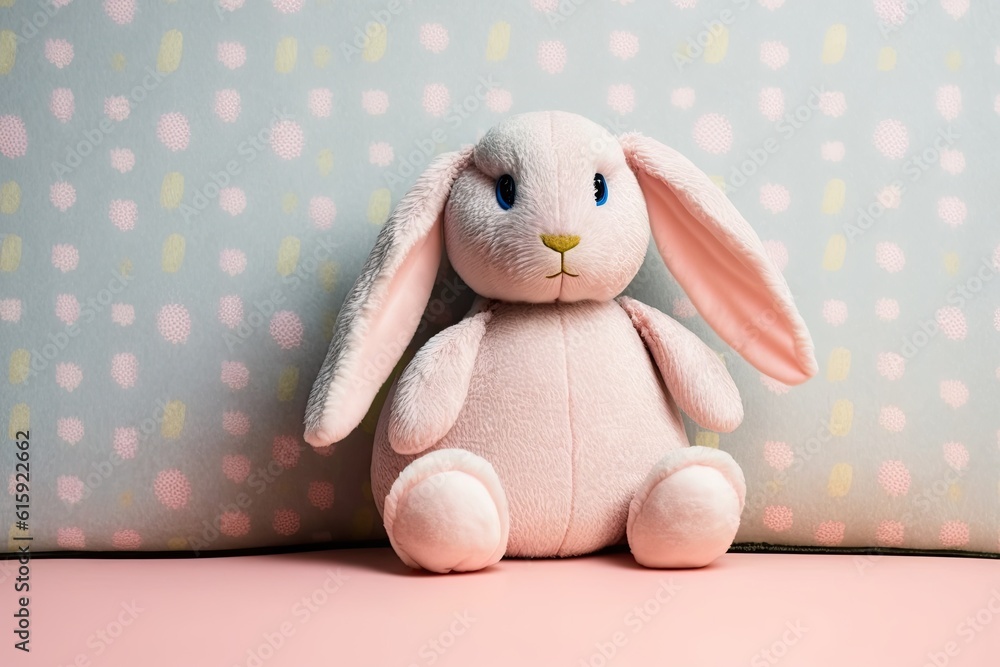 cute pink stuffed rabbit sitting on a soft pink surface. Generative AI