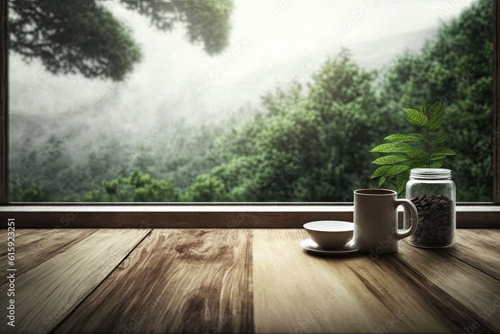 steaming cup of coffee placed on a rustic wooden table. Generative AI