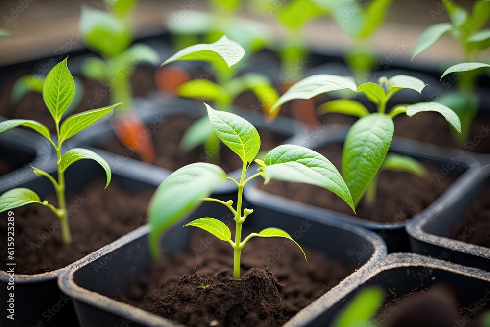 close-up view of a thriving group of small plants. Generative AI