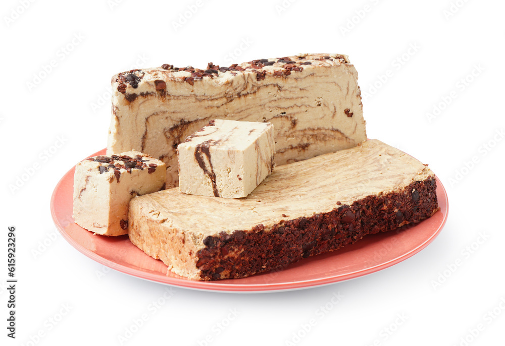 Plate with pieces of tasty marble halva on white background