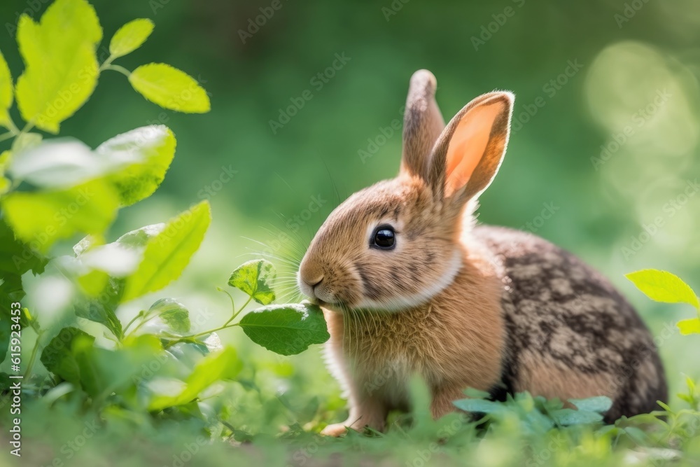 cute rabbit munching on grass in a sunny meadow. Generative AI