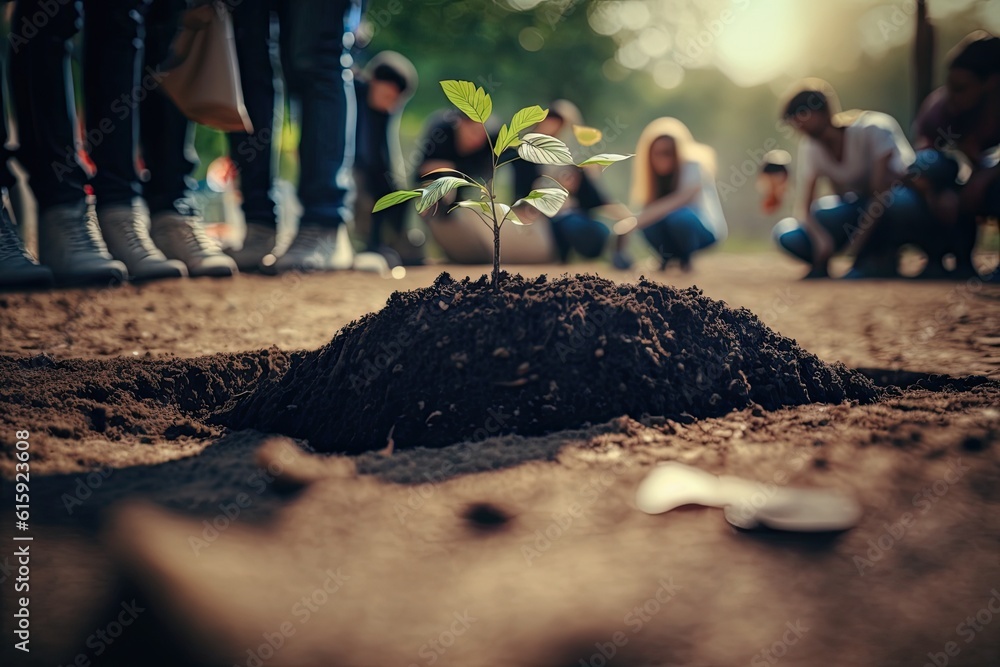 group of individuals gathered around a young sapling. Generative AI