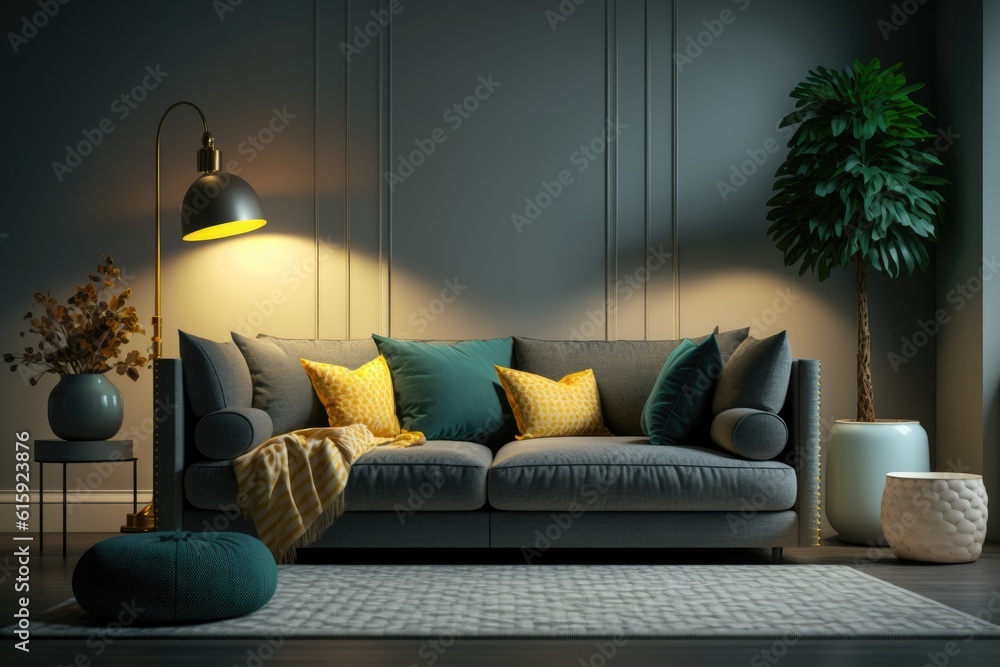 modern living room with a gray couch and green accent pillows. Generative AI