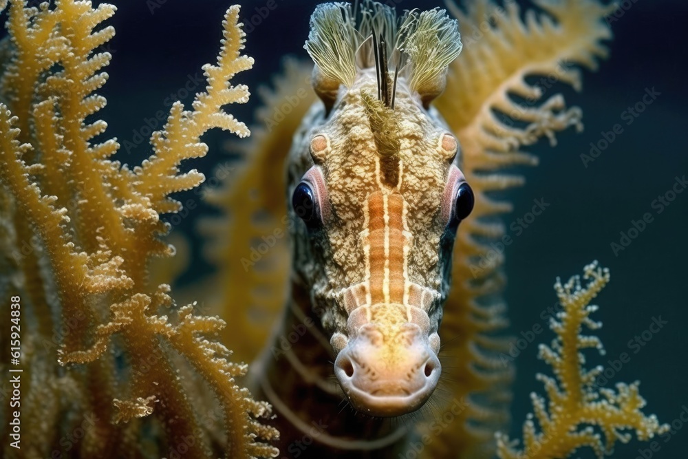 detailed close-up of a seahorse perched on a vibrant coral reef. Generative AI