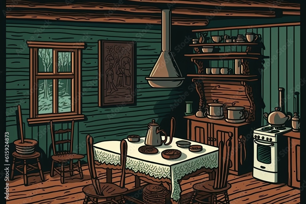 cozy kitchen with a wooden table, chairs, and a vase of flowers. Generative AI