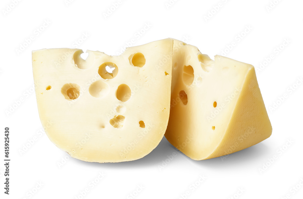 Pieces of Swiss cheese on white background