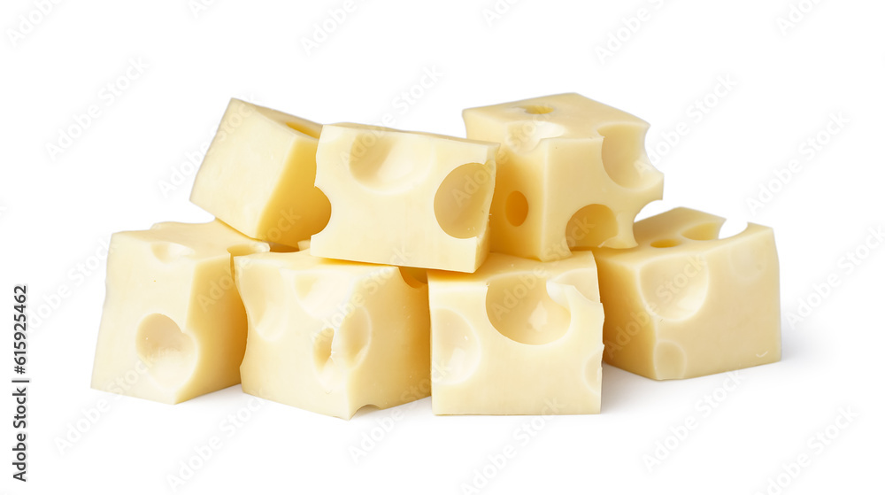 Cubes of Swiss cheese on white background