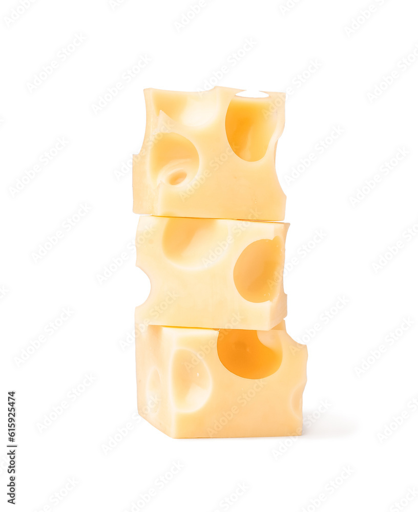 Cubes of Swiss cheese on white background