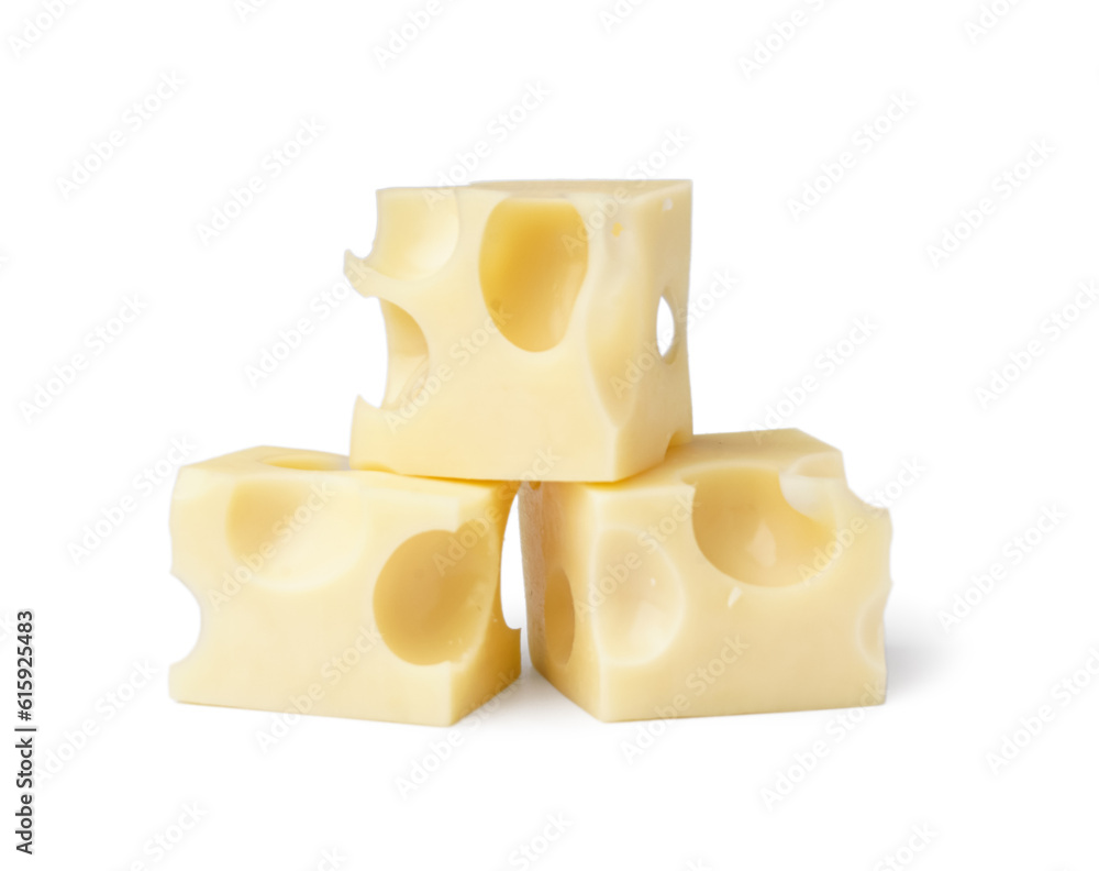 Cubes of Swiss cheese on white background