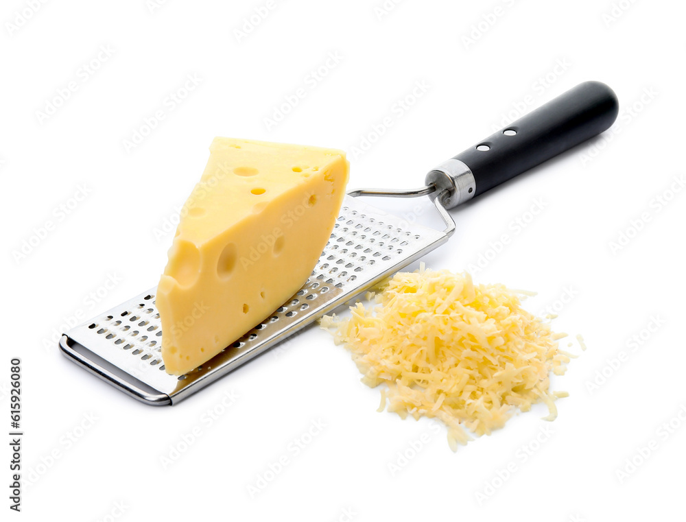 Tasty Swiss cheese and grater isolated on white background