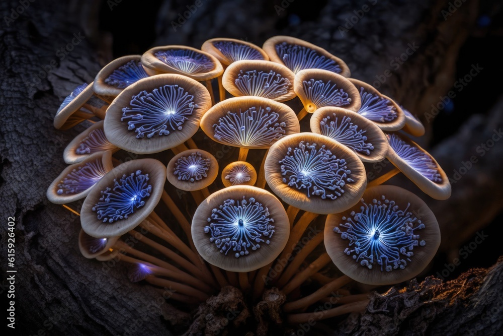 cluster of mushrooms growing on the bark of a tree. Generative AI