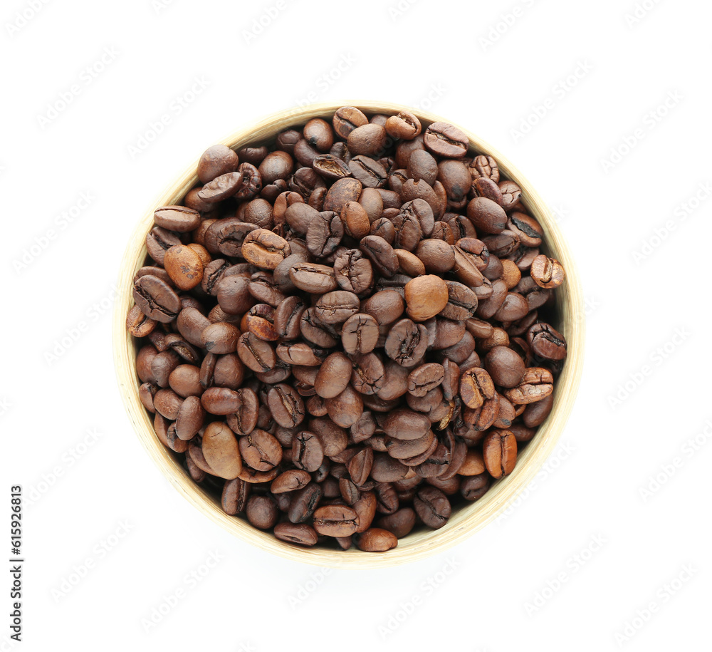 Bowl with coffee beans on white background