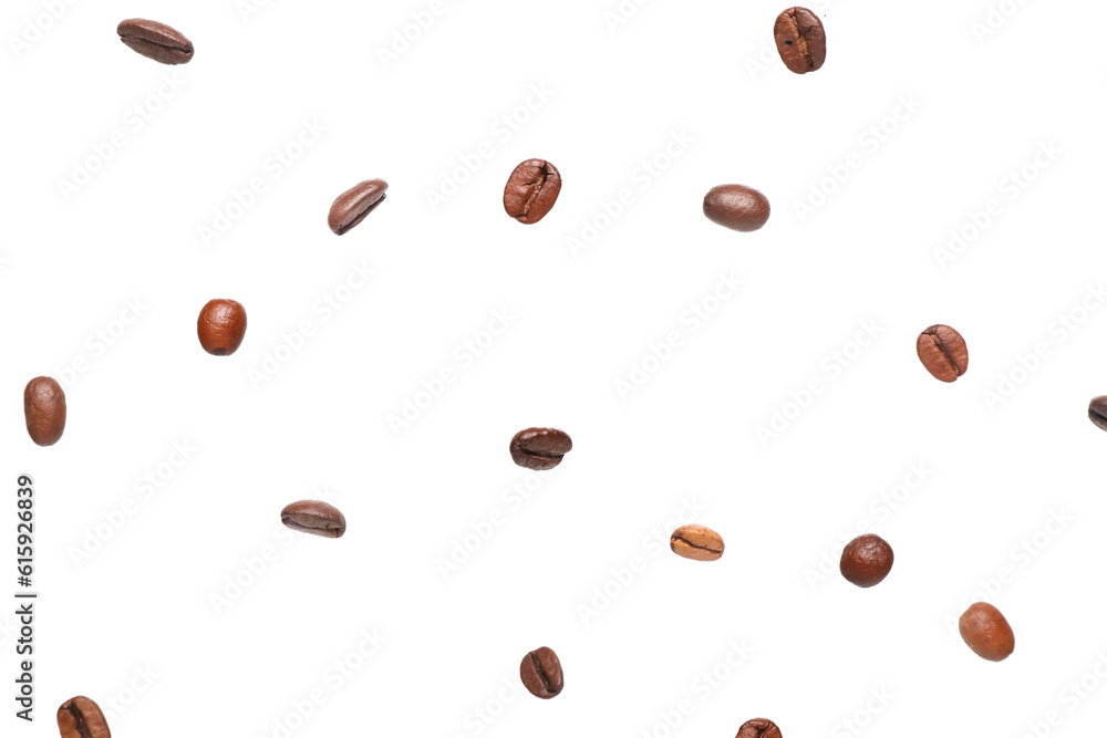 Flying coffee beans on white background