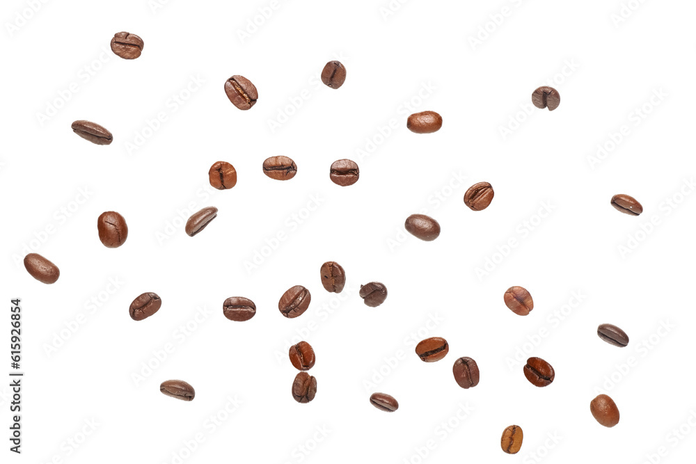 Flying coffee beans on white background