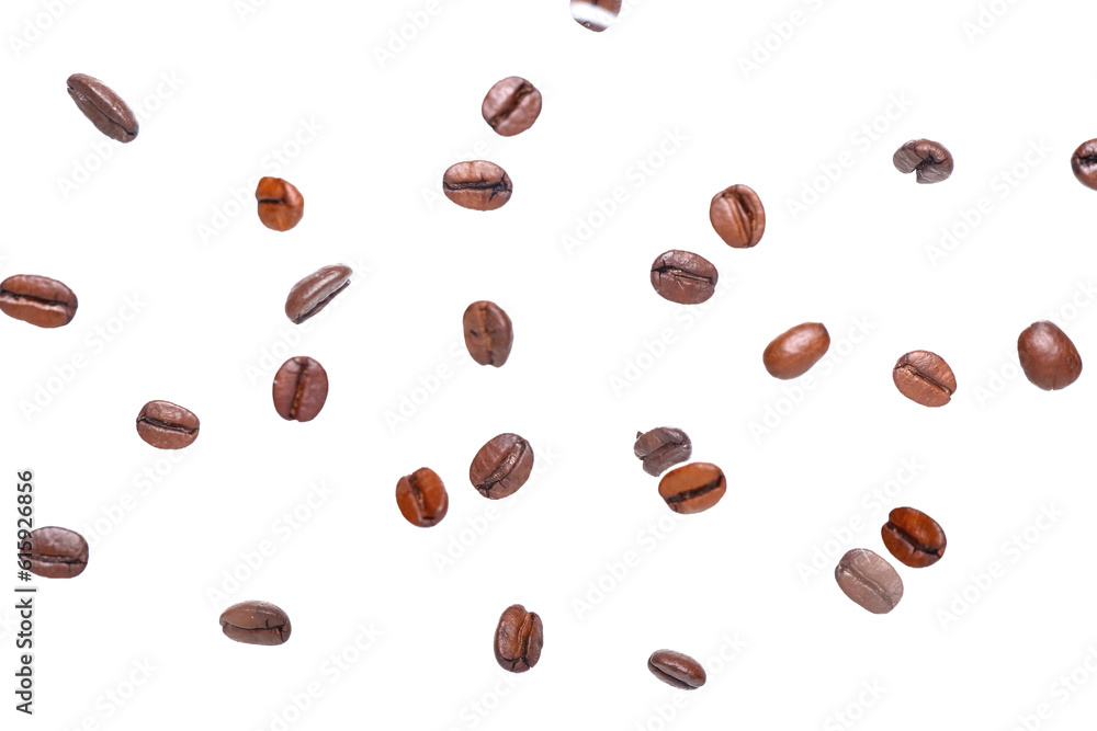 Flying coffee beans on white background