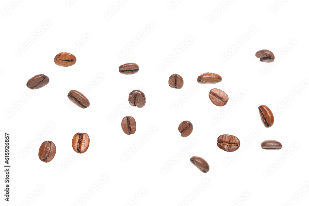 Flying coffee beans on white background