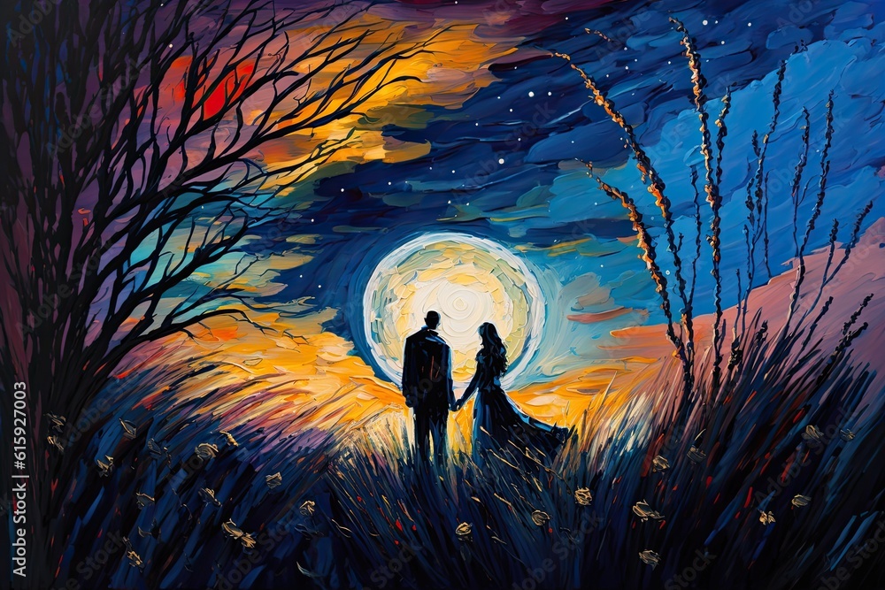 romantic couple holding hands under the light of a full moon. Generative AI