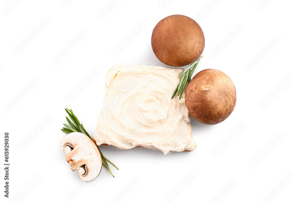 Tasty toast with cream cheese and mushrooms on white background