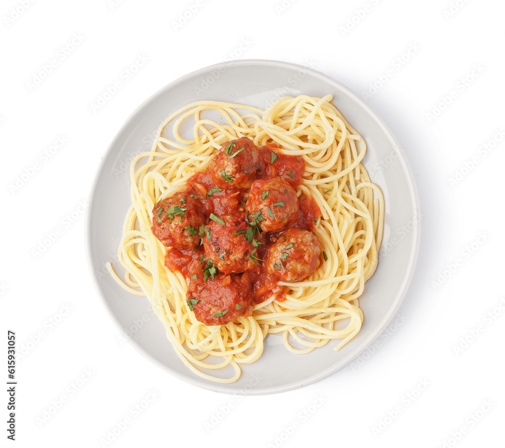 Plate of boiled pasta with tomato sauce and meat balls on white background