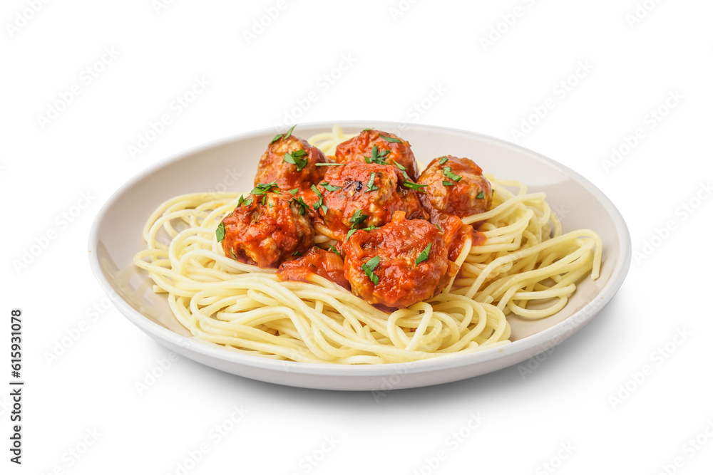 Plate of boiled pasta with tomato sauce and meat balls on white background