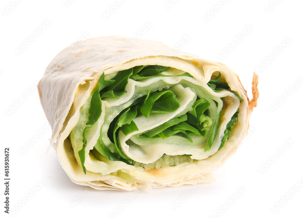 Tasty lavash roll with vegetables isolated on white background